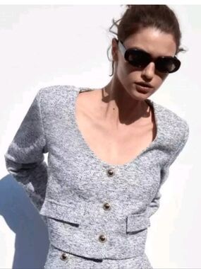 Zara Textured Crop Short Blazer Cropped Blue White Gold Buttons L NWOT Jacket